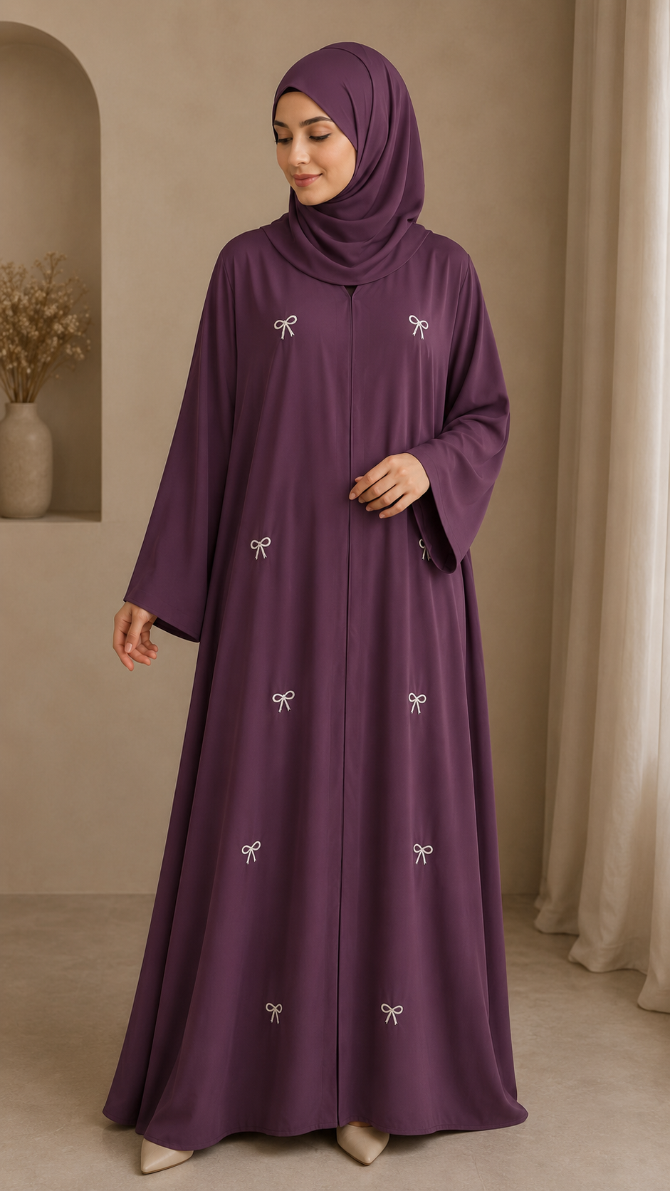 Purple Mauve - Korean Bow Embroidered Abaya | Front Closed | With Matching Hijab