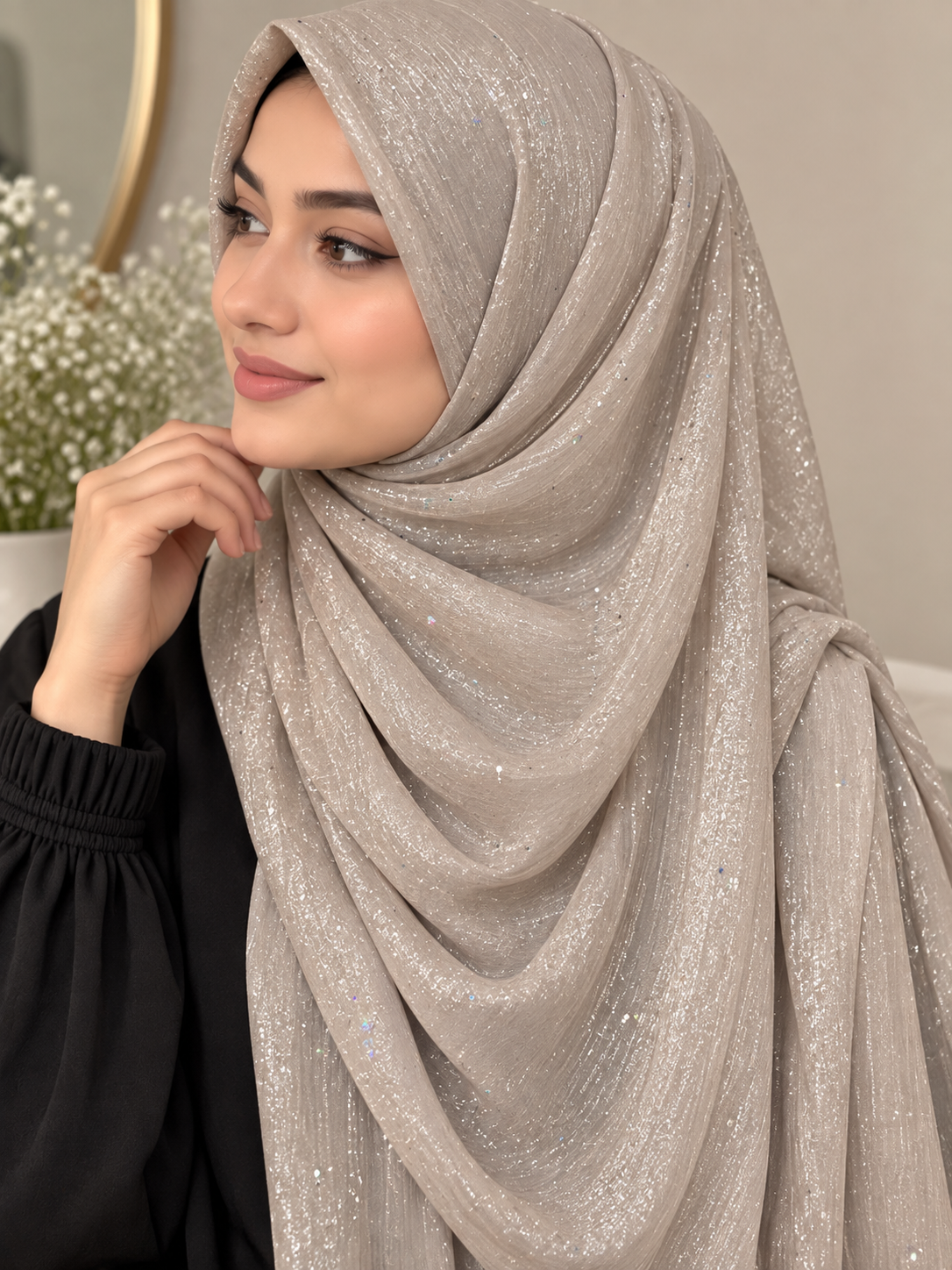 Pearl Taupe- Flowy Organza Sparkle Hijab