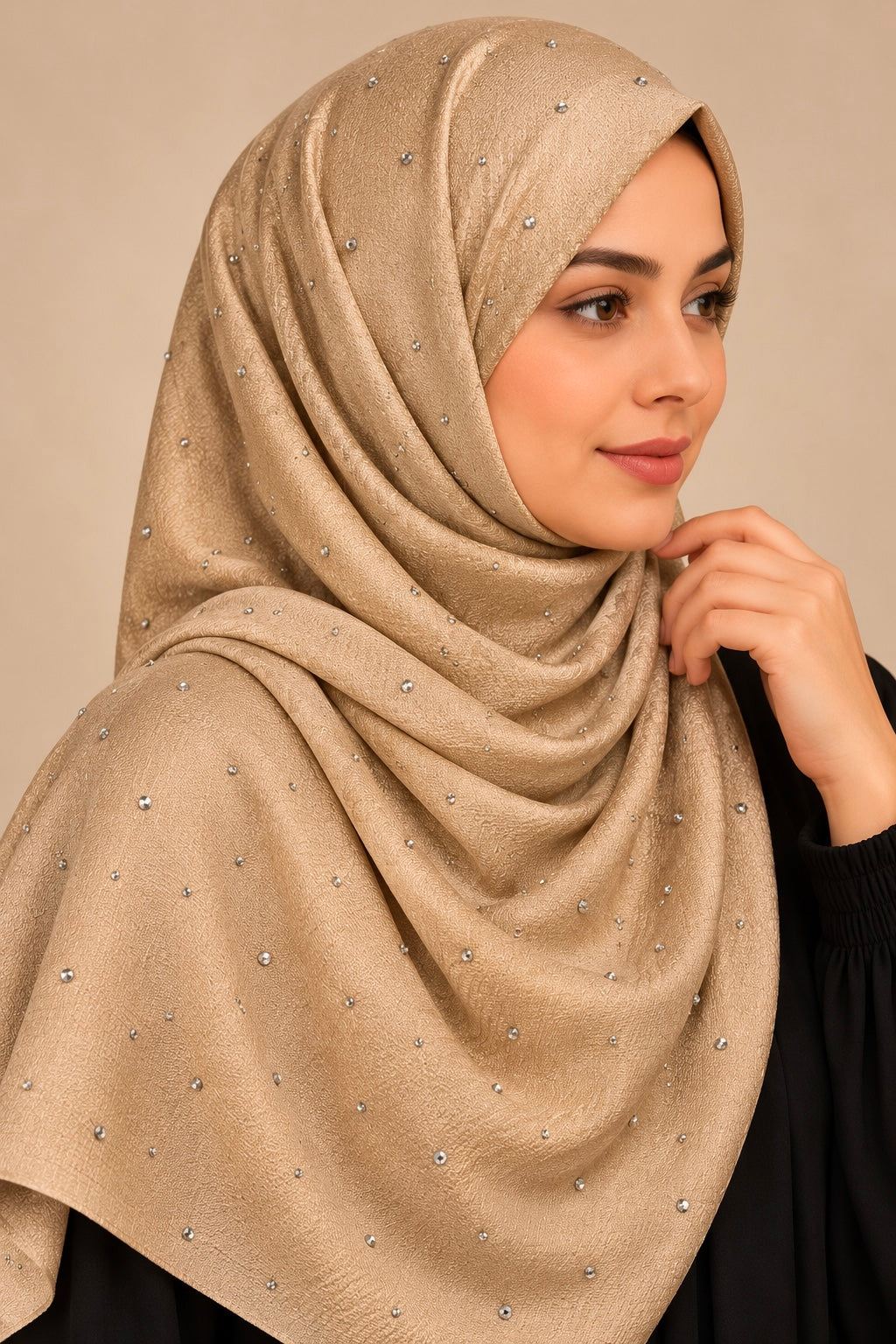 Nude Champagne- Dewdrop Bubble Satin Stone Hijab