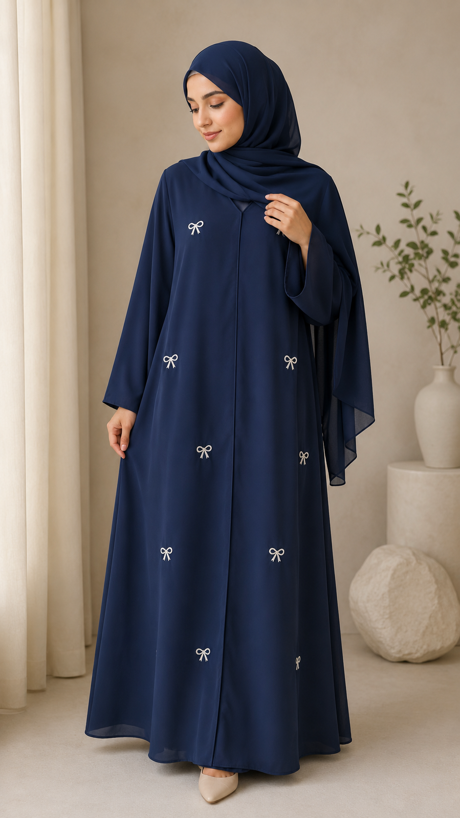 Navy Blue - Korean Bow Embroidered Abaya | Front Closed | With Matching Hijab