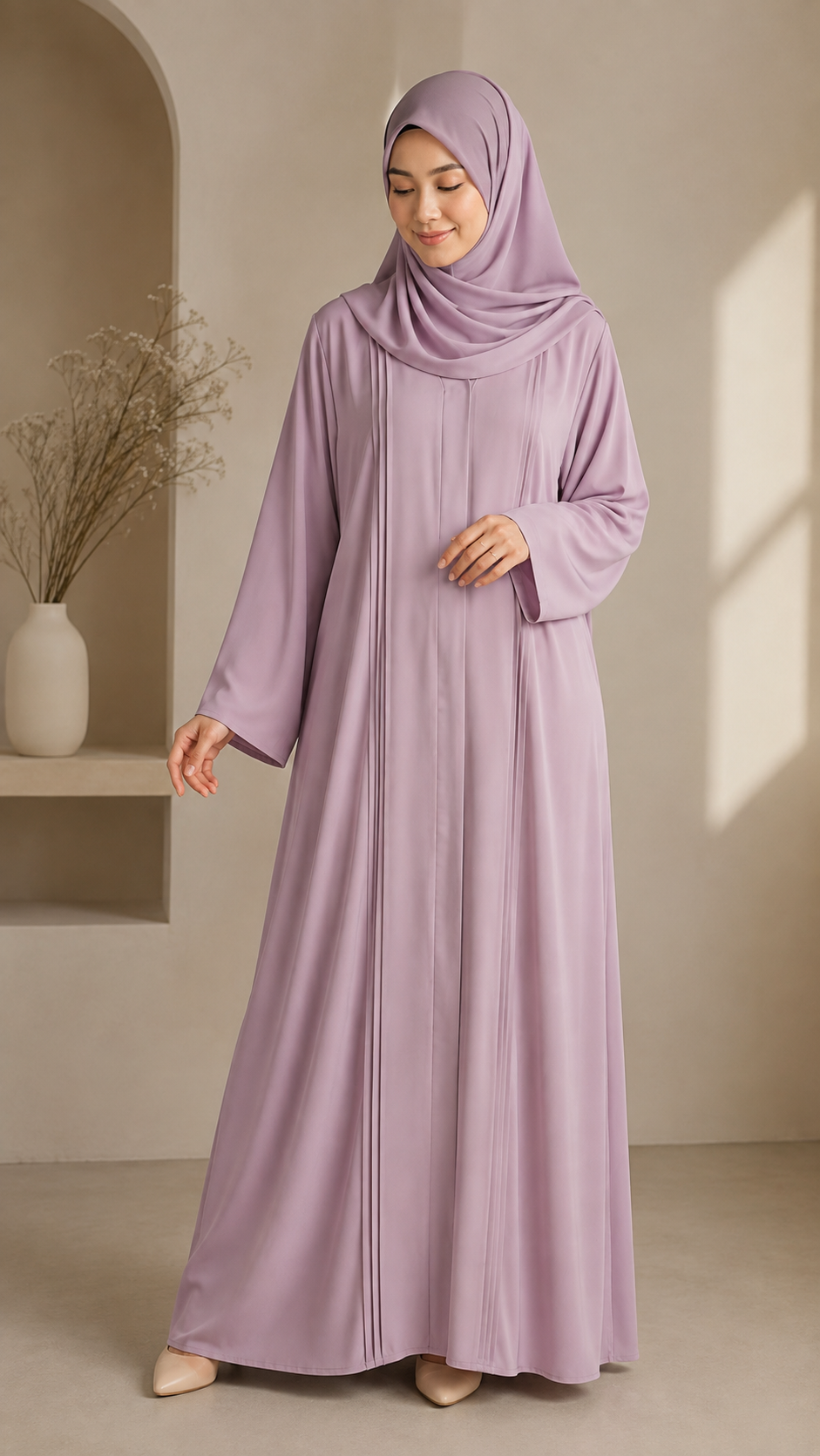 Mauve - Basic Pleated Abaya | Front Closed | With Matching Hijab
