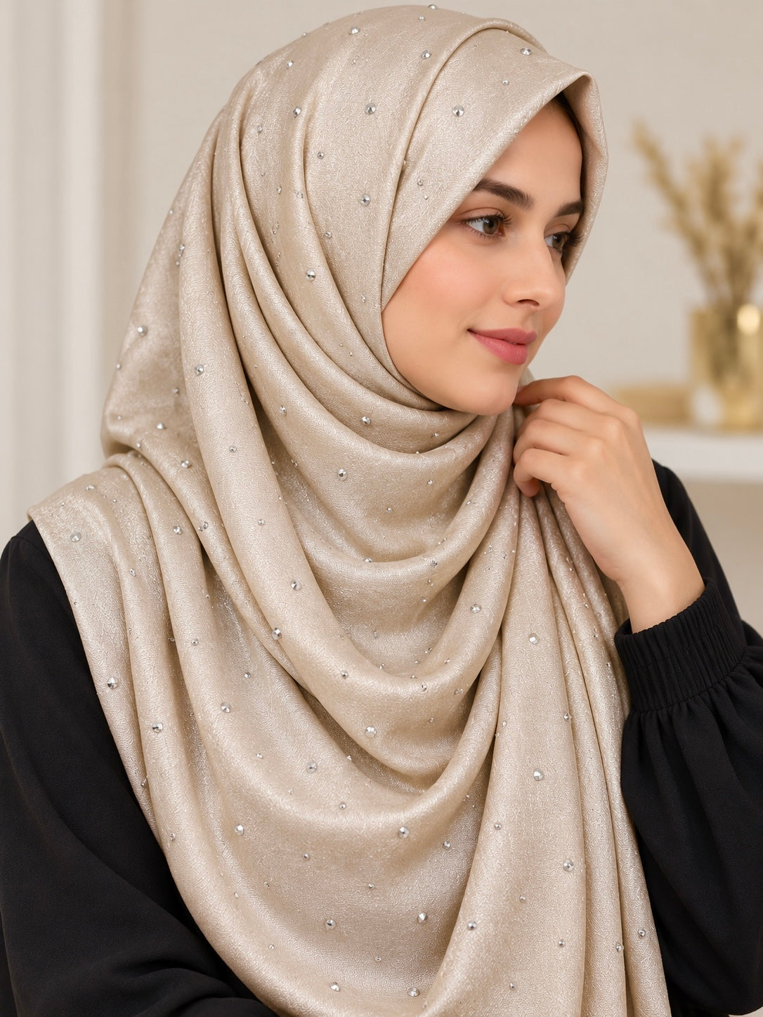 Pearl Champagne- Dewdrop Bubble Satin Stone Hijab