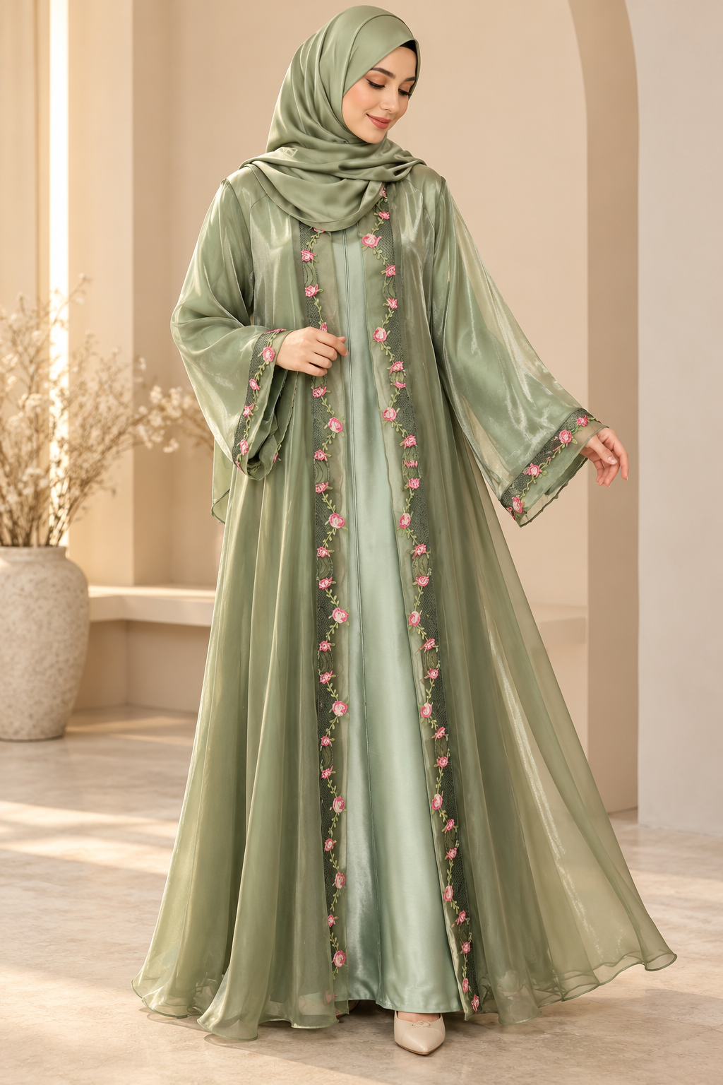 Sage Blossom - Rose Organza Abaya | With Inner | With Dupatta