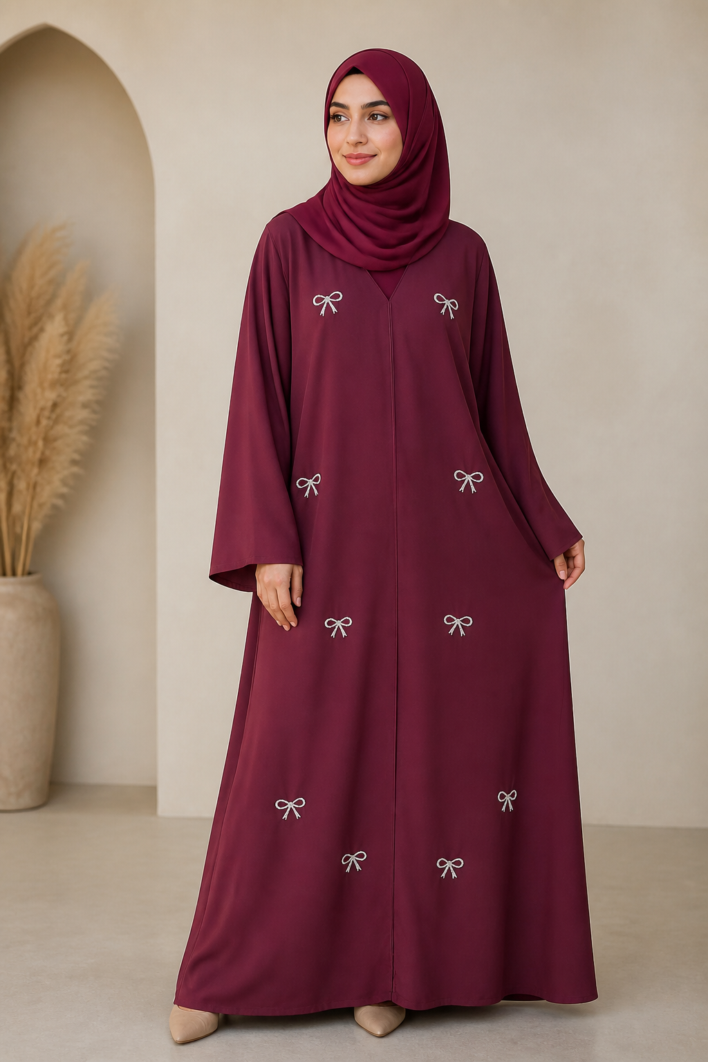 Burgundy - Korean Bow Embroidered Abaya | Front Closed | With Matching Hijab