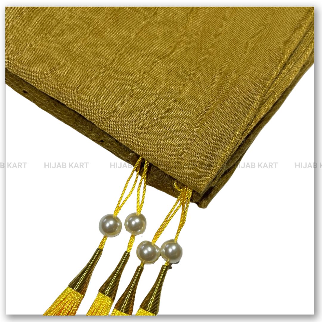 Mustard Wide Pleated Cotton Hijab with Tassels | Hijab Kart