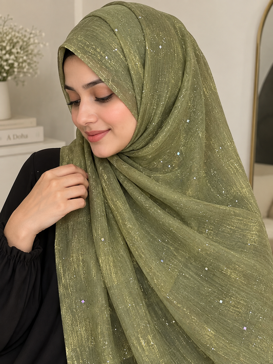 Olive Sage- Flowy Organza Sparkle Hijab