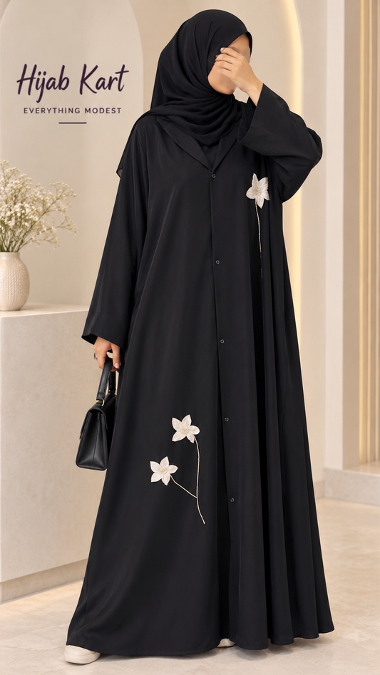 Korean Flower Coat Abaya| Front Open| With Matching Hijab