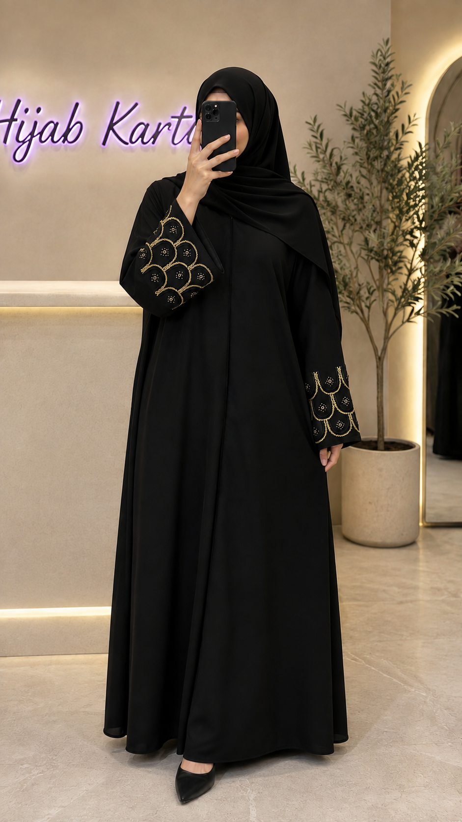 Zahra - Gold Beaded Stonework Abaya | With Matching Hijab