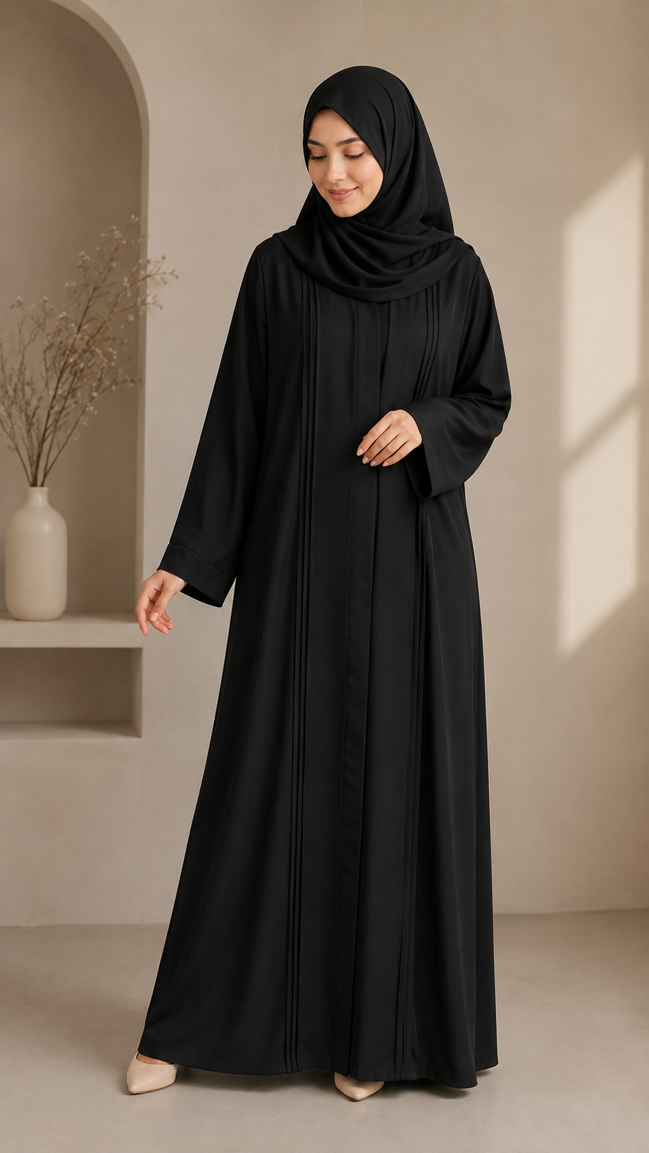 Black- Basic Pleated Abaya | Front Closed | With Matching Hijab