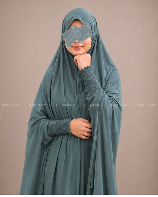 Winter Green- Haya Khimar with Smocked Sleeves