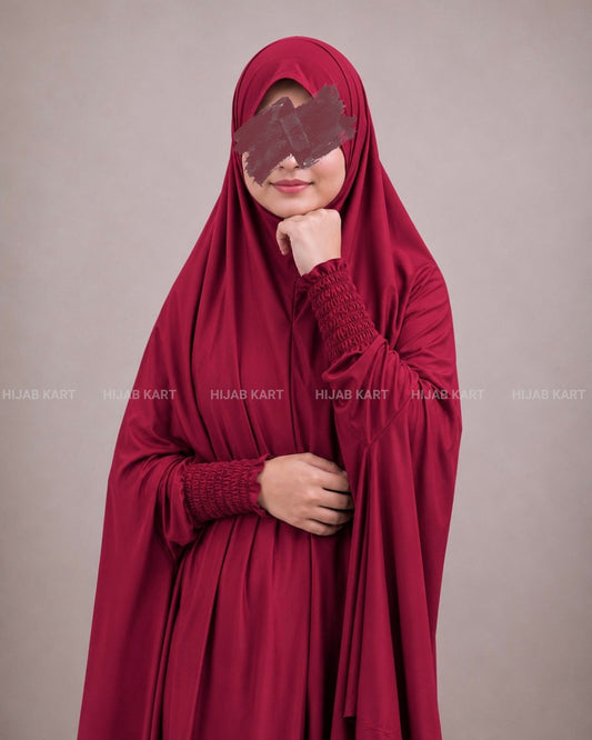 Rose Red- Haya Khimar with Smocked Sleeves