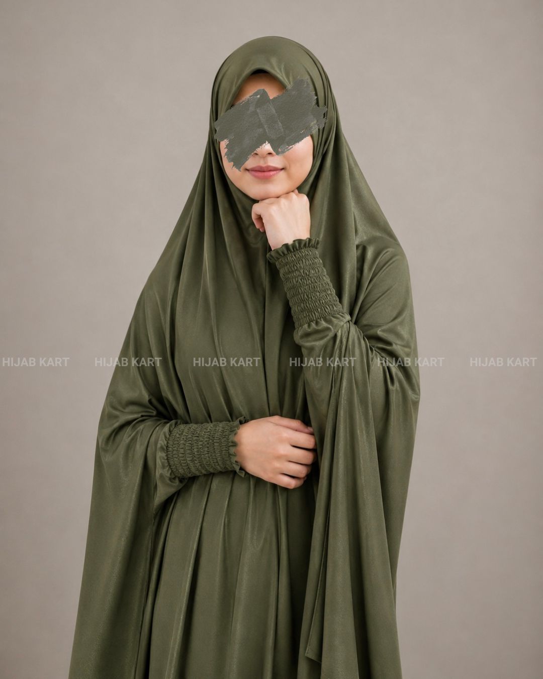 Olive Green- Haya Khimar with Smocked Sleeves