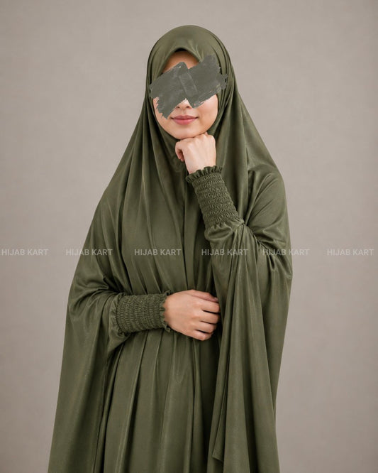 Olive Green- Haya Khimar with Smocked Sleeves