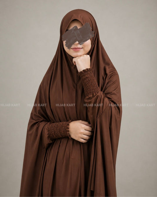 Chocolate- Haya Khimar with Smocked Sleeves