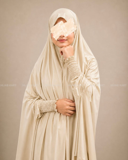 Beige- Haya Khimar with Smocked Sleeves