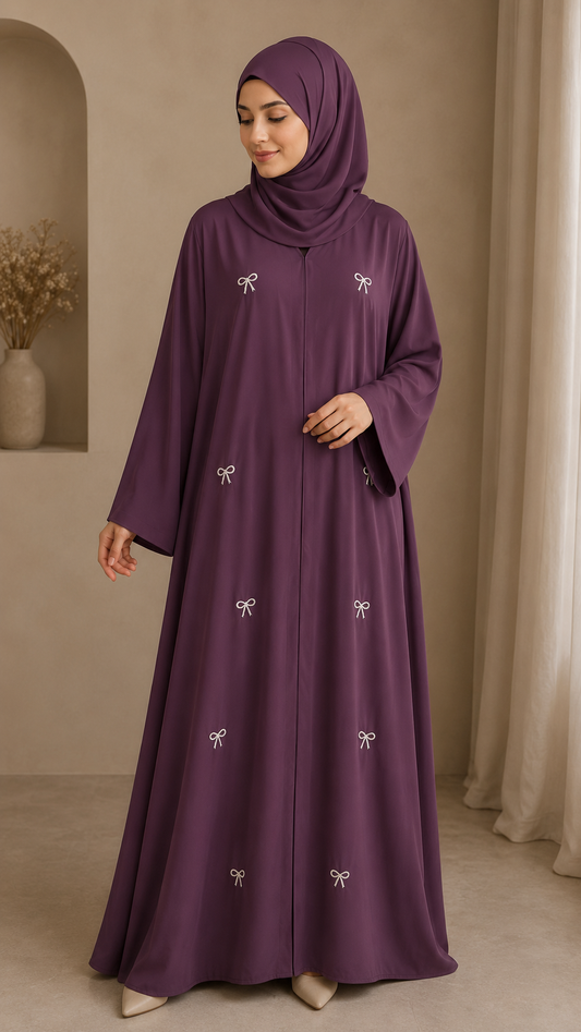 Purple Mauve - Korean Bow Embroidered Abaya | Front Closed | With Matching Hijab