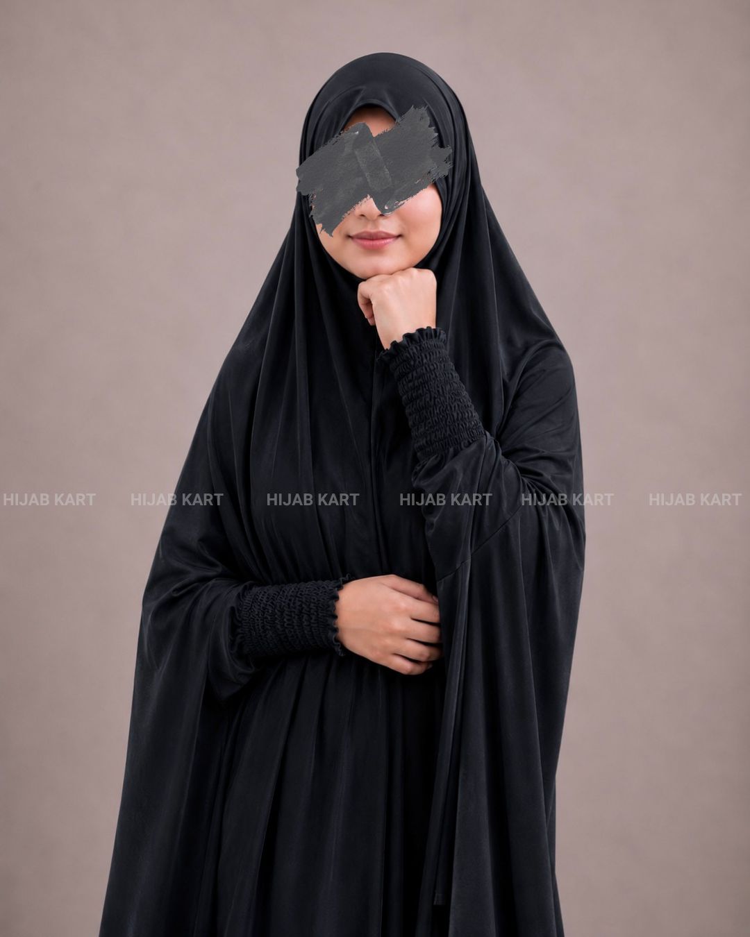 Rich Black - Haya Khimar with Smocked Sleeves