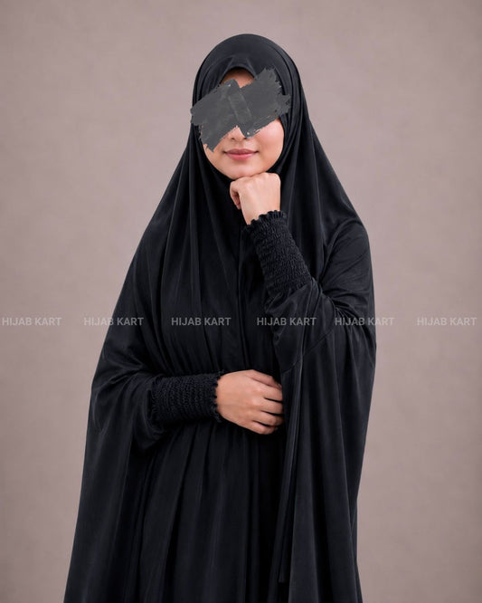 Rich Black - Haya Khimar with Smocked Sleeves