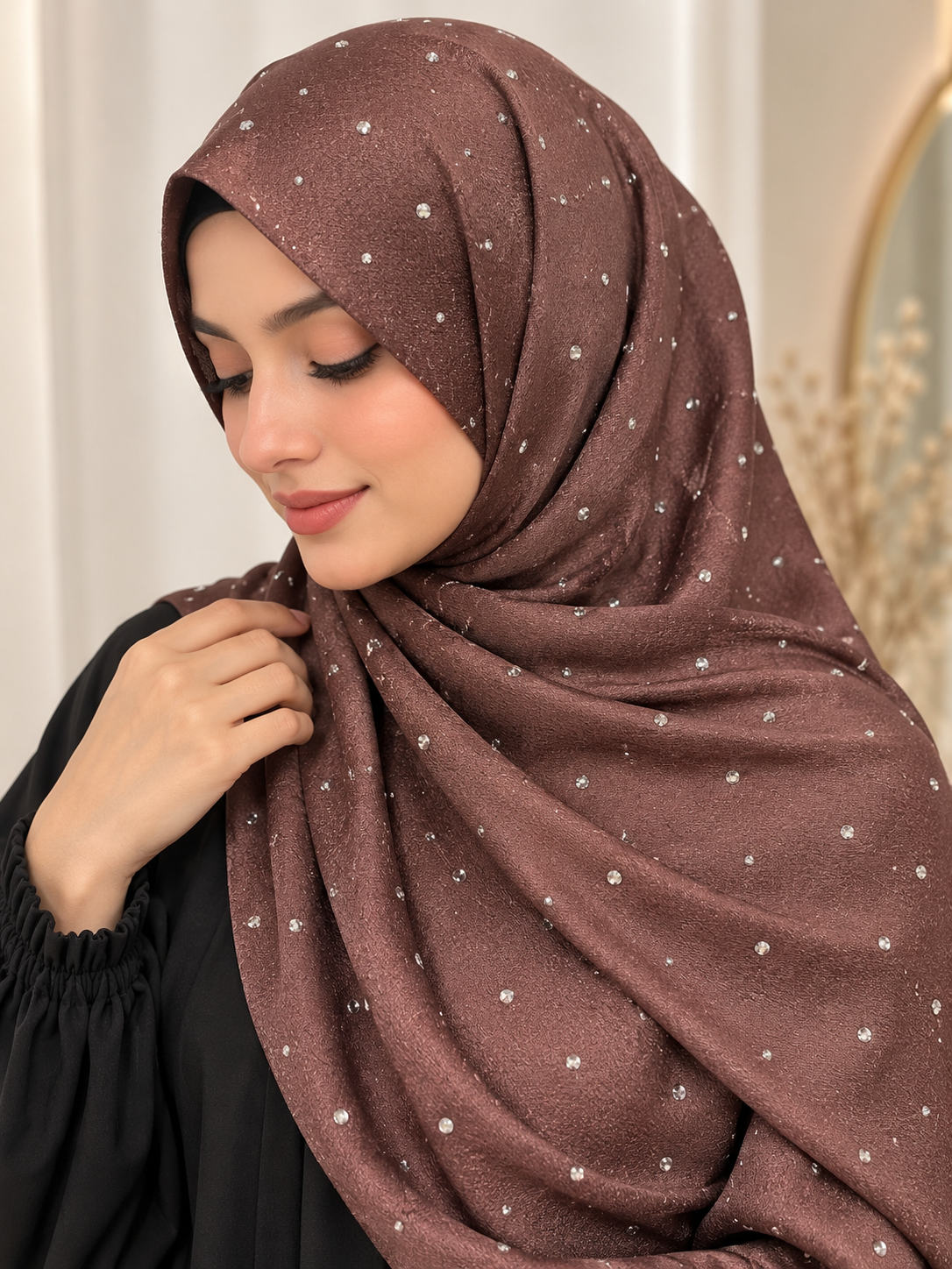 Coffee Brown - Dewdrop Bubble Satin Stone Hijab