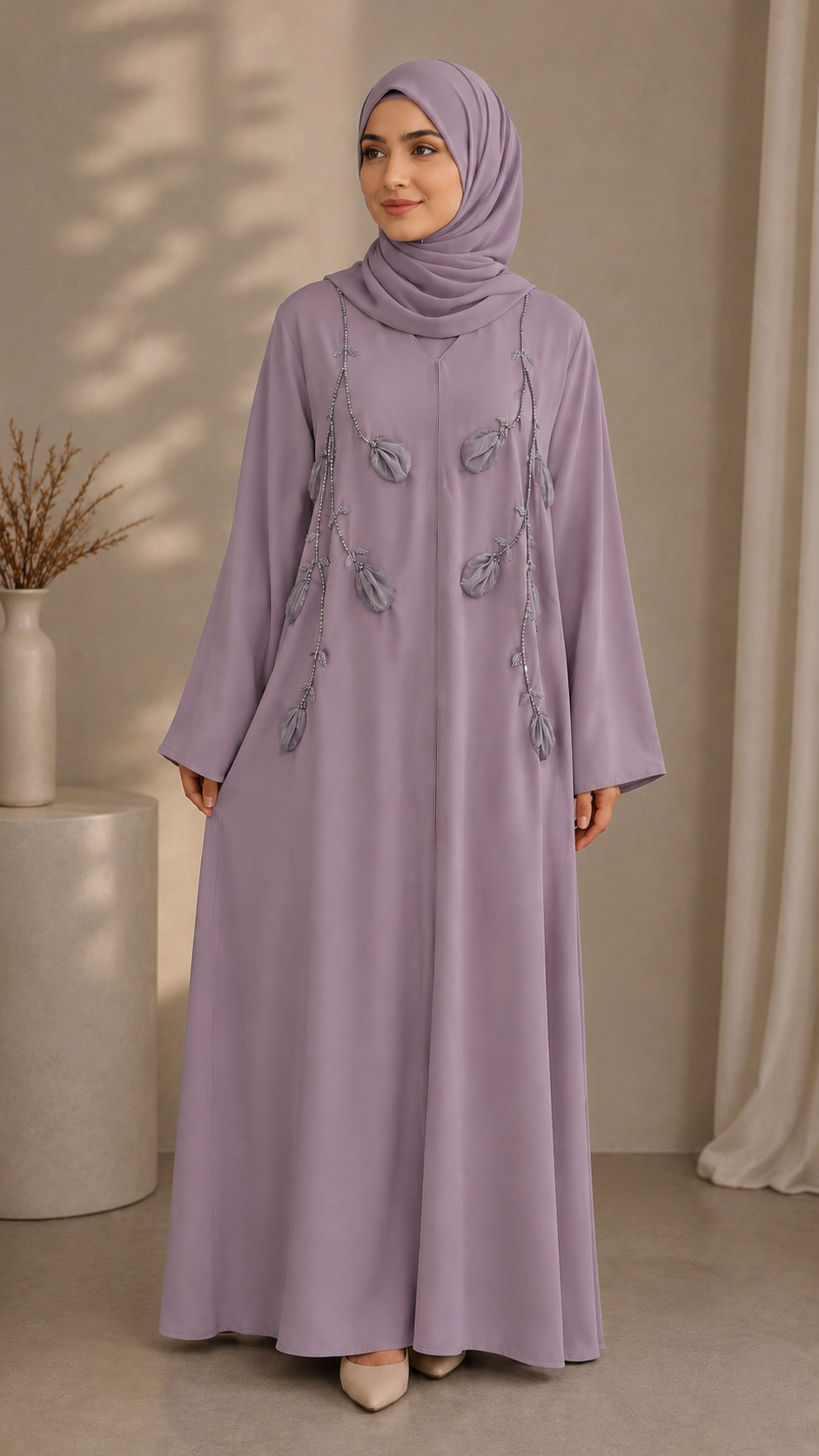 Mauve - 3D Floral Bloom Abaya | Front Closed | With Matching Hijab