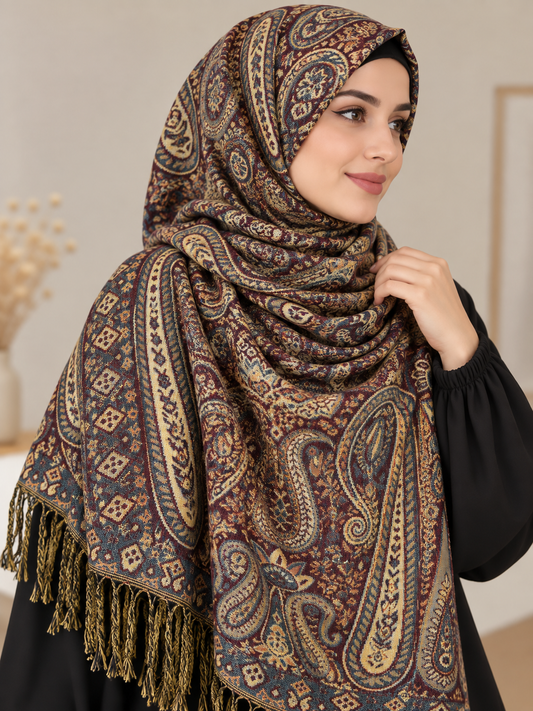 Navy Burgundy - Paisley Pashmina Hijab