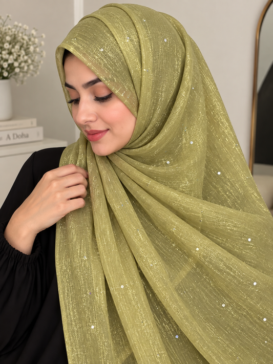 Warm Olive- Flowy Organza Sparkle Hijab