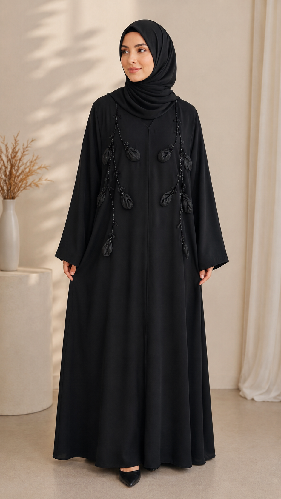 Black - 3D Floral Bloom Abaya | Front Closed | With Matching Hijab