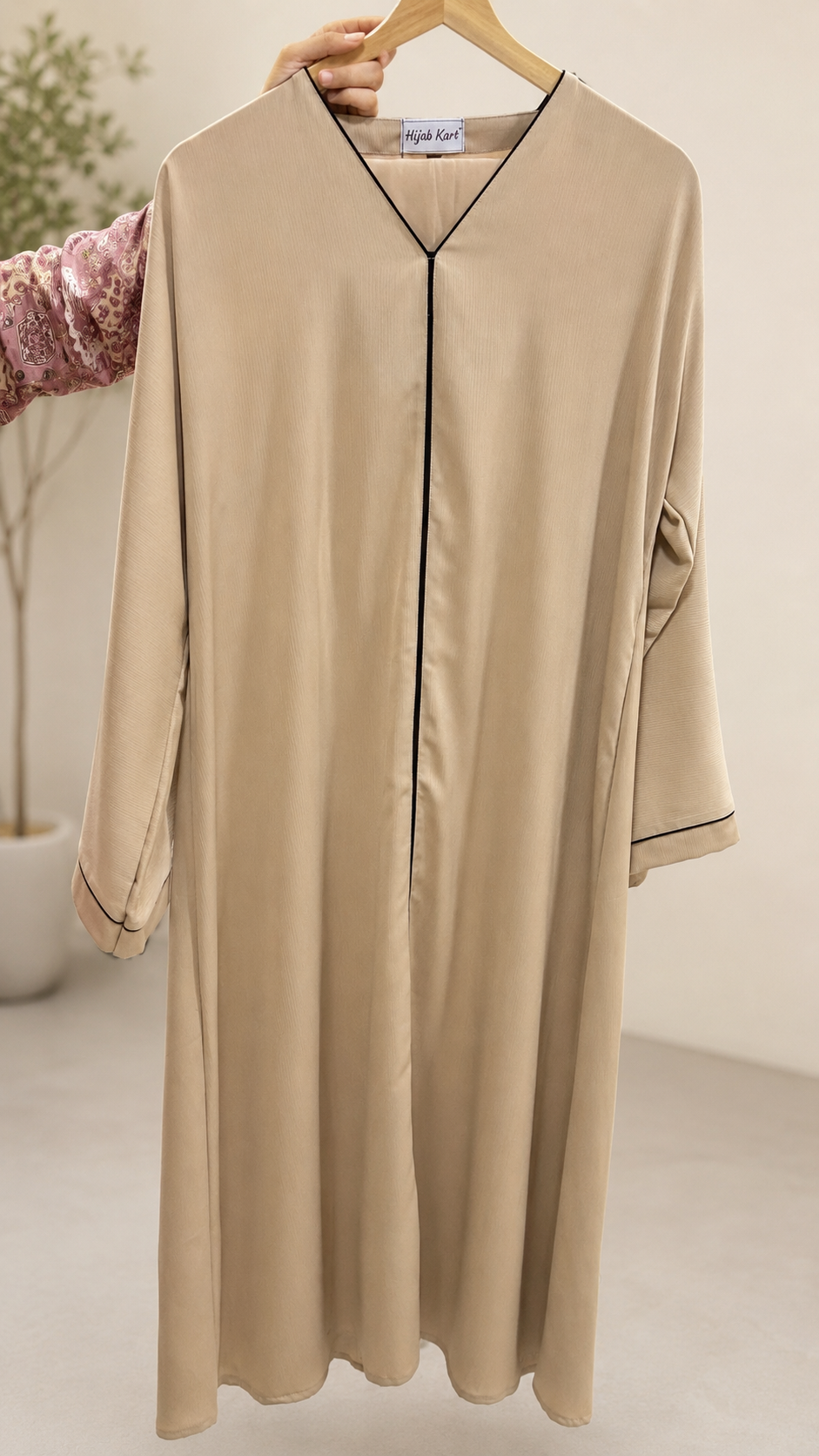 Beige - Luxe Piping Crinkled Abaya | With Matching Hijab