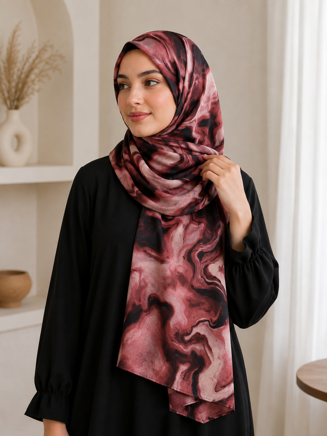 Rose Pink Swirl- Modal Cotton Marble Print Hijab