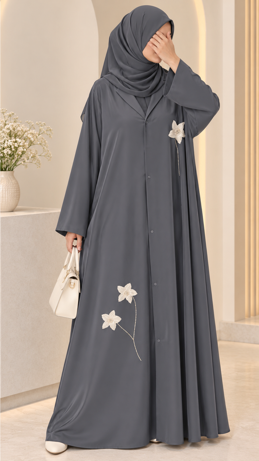 Charcoal Grey - Korean Flower Coat Abaya| Front Open| With Matching Hijab