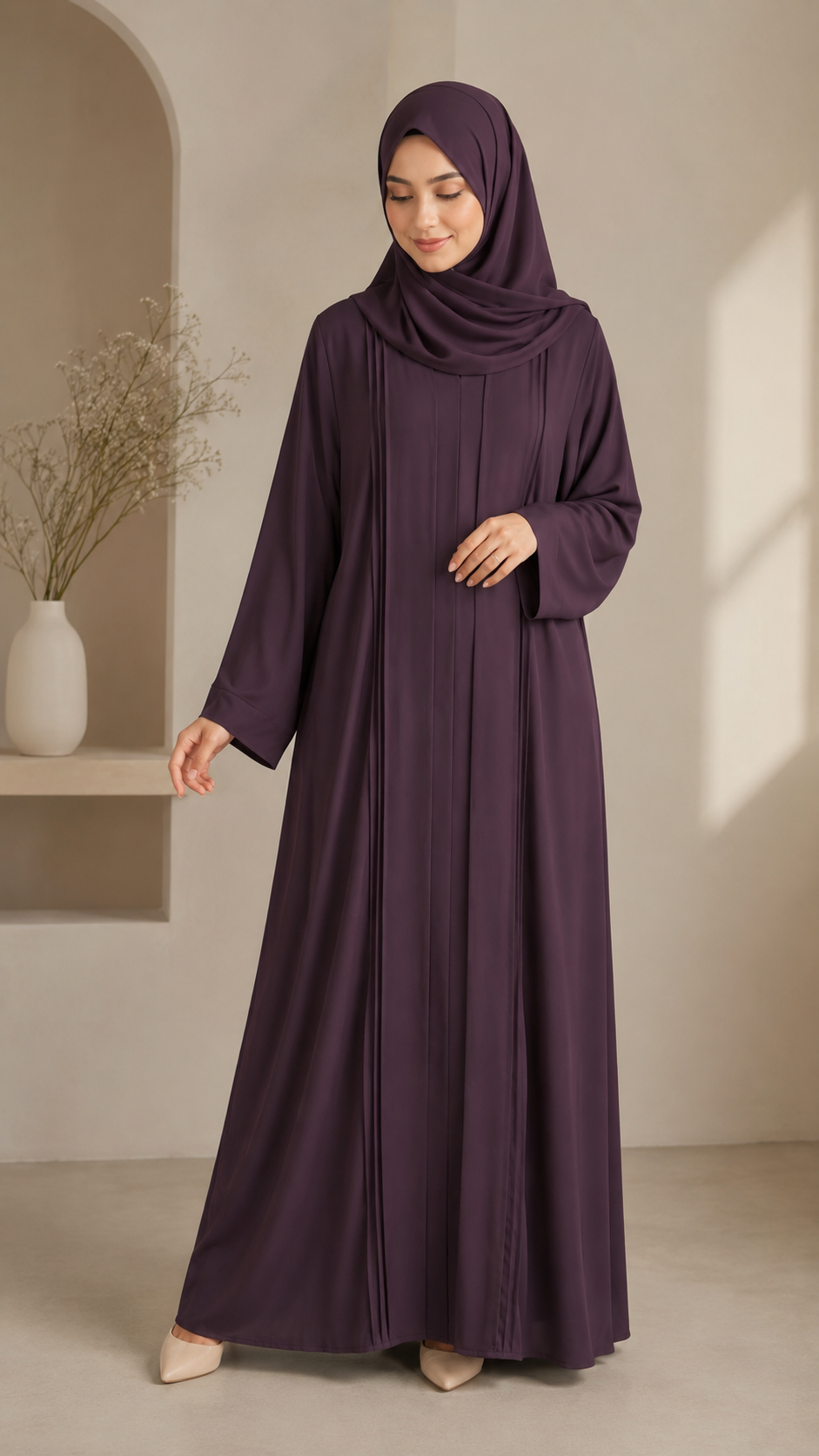 Purple Mauve - Basic Pleated Abaya | Front Closed | With Matching Hijab