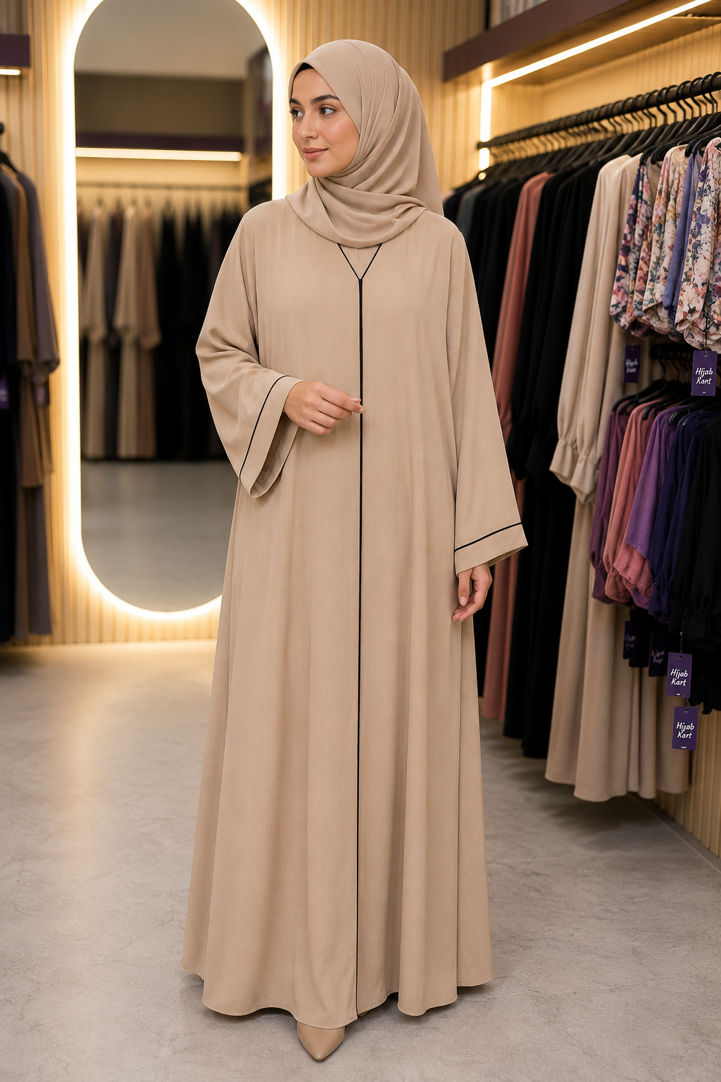 Beige - Luxe Piping Crinkled Abaya | With Matching Hijab
