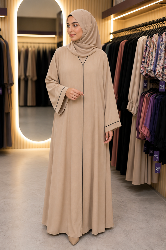 Beige - Luxe Piping Crinkled Abaya | With Matching Hijab