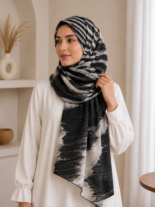 Charcoal Sweep- Modal Cotton Marble Print Hijab