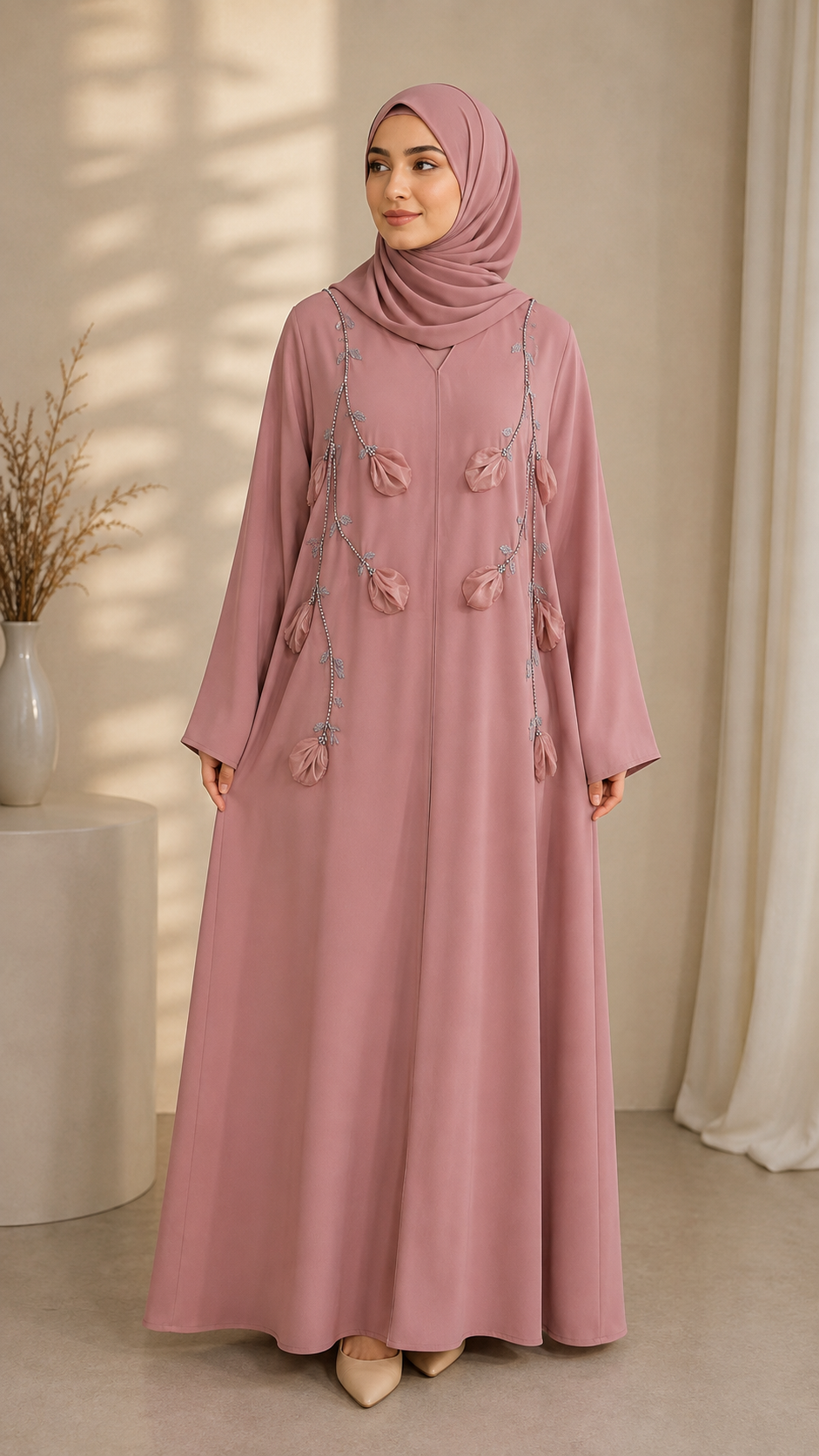 Pink - 3D Floral Bloom Abaya | Front Closed | With Matching Hijab