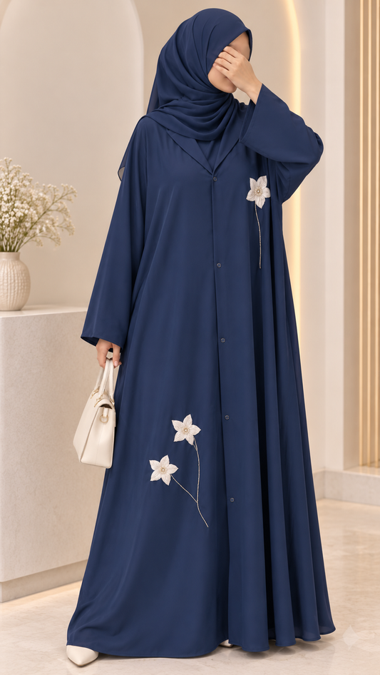 Navy Blue - Korean Flower Coat Abaya| Front Open| With Matching Hijab
