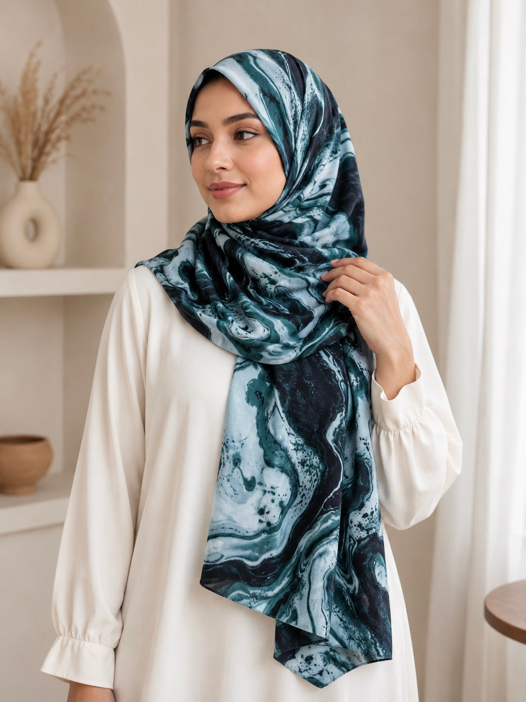 Teal Flow- Modal Cotton Marble Print Hijab