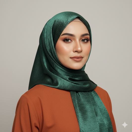 Bottle Green- Luxe Shimmer Crushed Satin Hijab