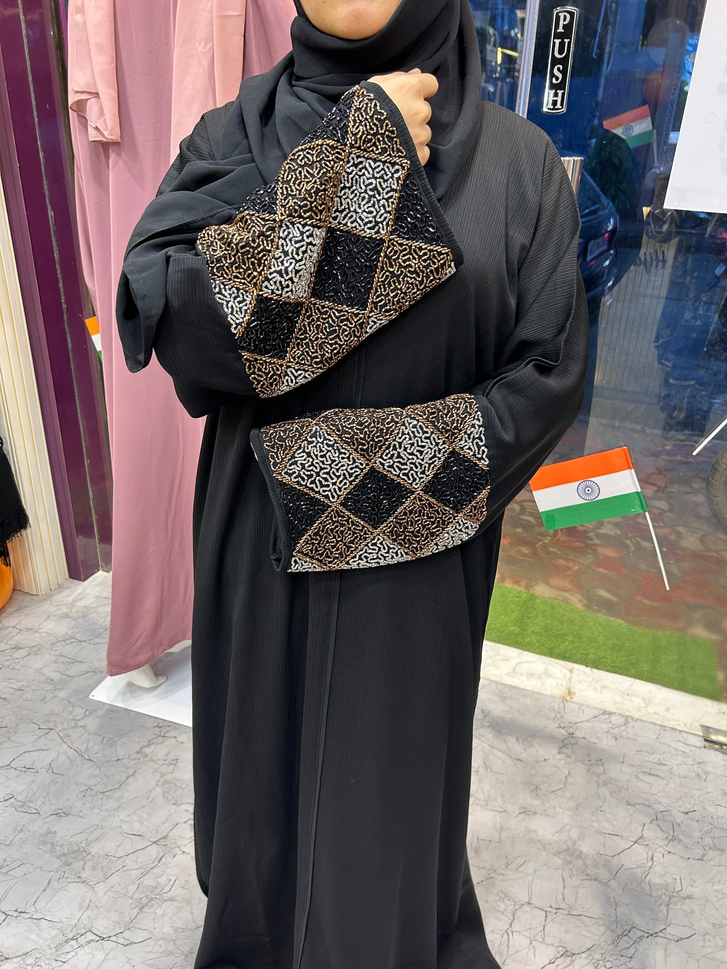 Zahra - Glass Bead Embroidered Abaya | Front Closed | With Matching Hijab