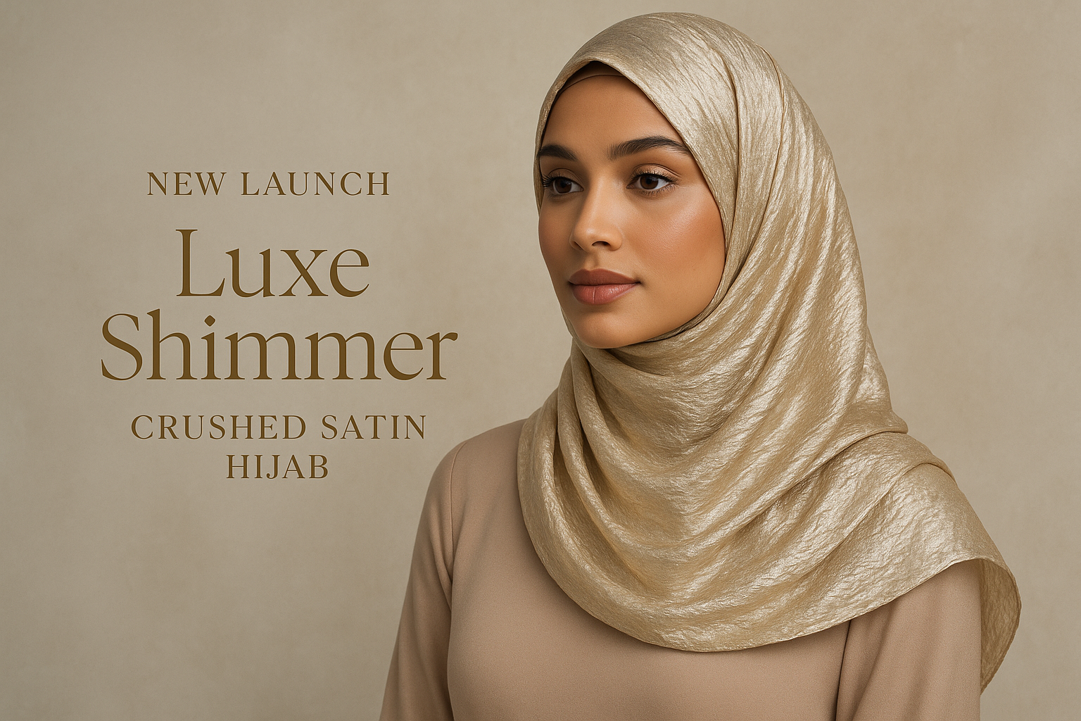create a banner for a newly launched hijab: https://hijabkart.in/collections/luxe-shimmer-crushed-satin-hijab, take the model image from this link 