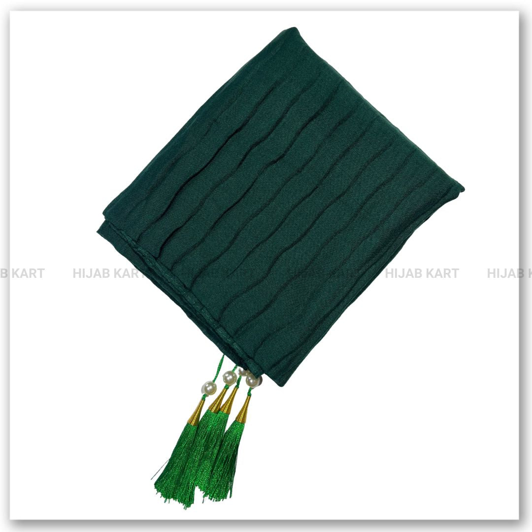 Forest Green Wide Pleated Cotton Hijab with Tassels | Hijab Kart