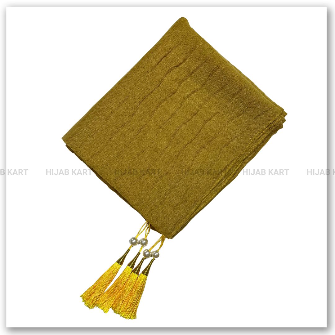 Mustard Wide Pleated Cotton Hijab with Tassels | Hijab Kart